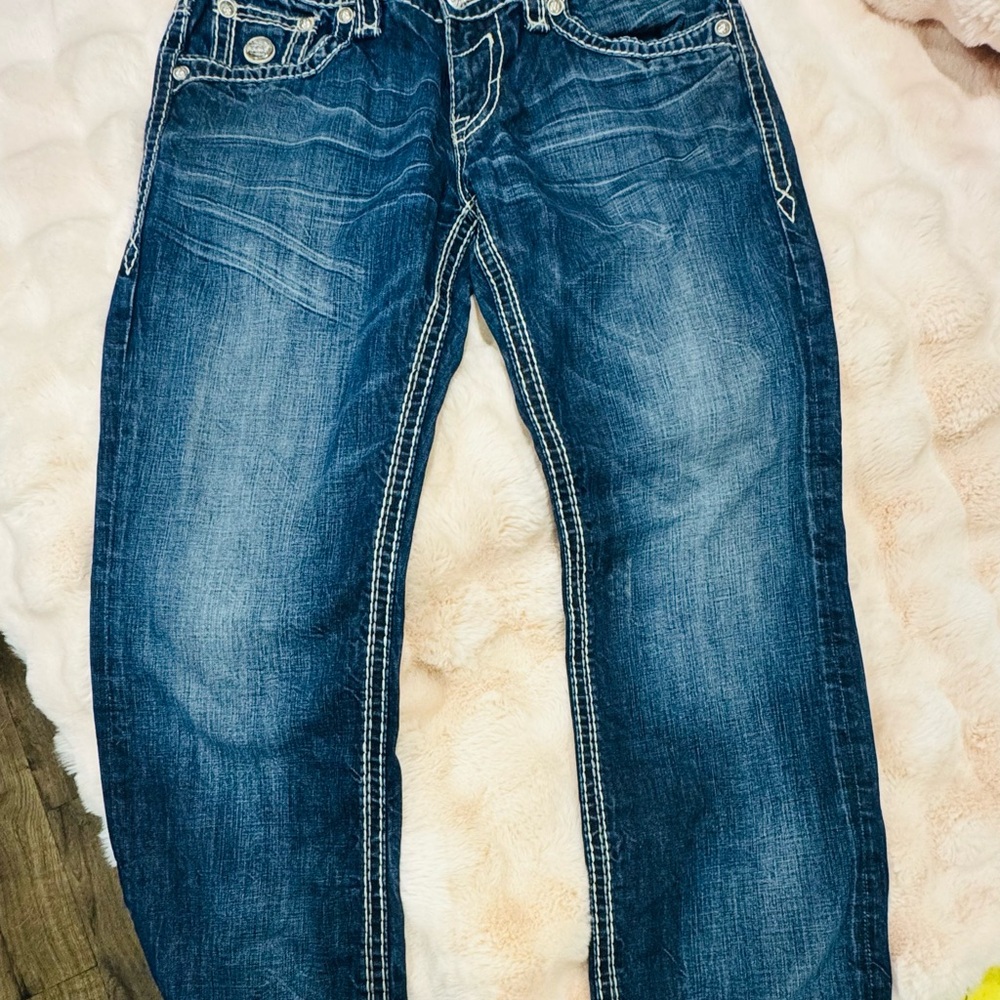 Rock Revival Men's Bootcut Jeans - Dark Blue Denim with Orange Logo - Picture 8 of 8